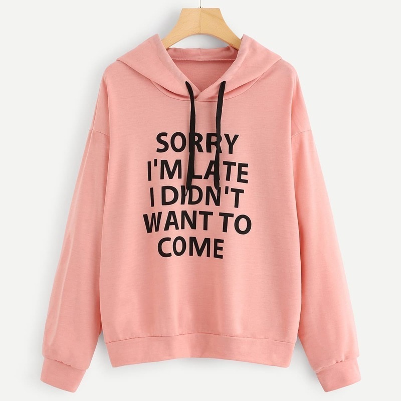 

Slogan Print Drop Shoulder Hoodie, Pink