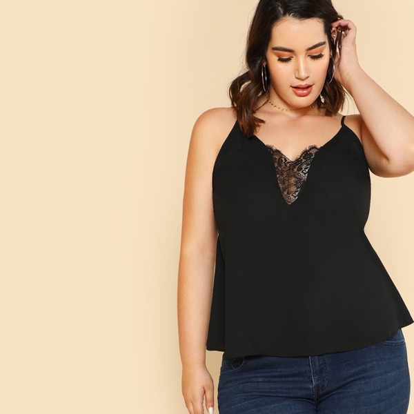 

Plus Lace Insert Cami Top, Black