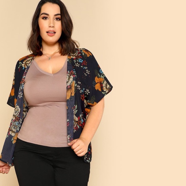

Plus Floral Print Batwing Kimono, Multicolor