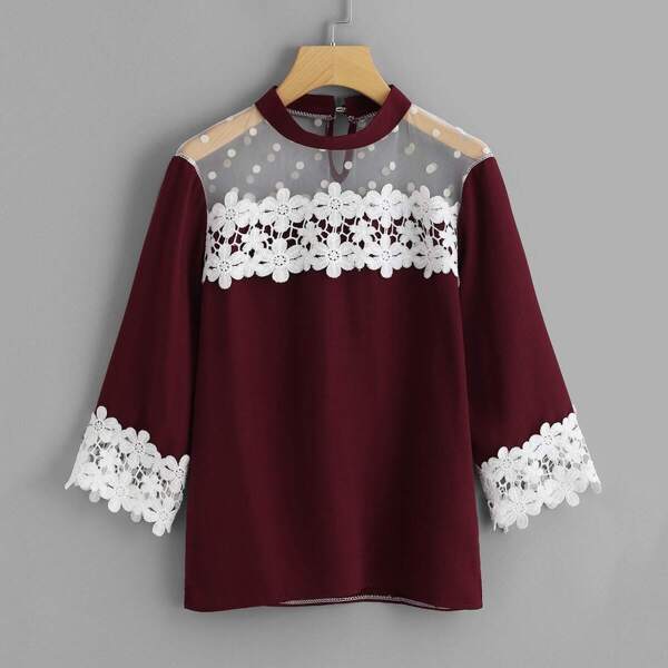 

Dobby Mesh Yoke Guipure Lace Trim Top
