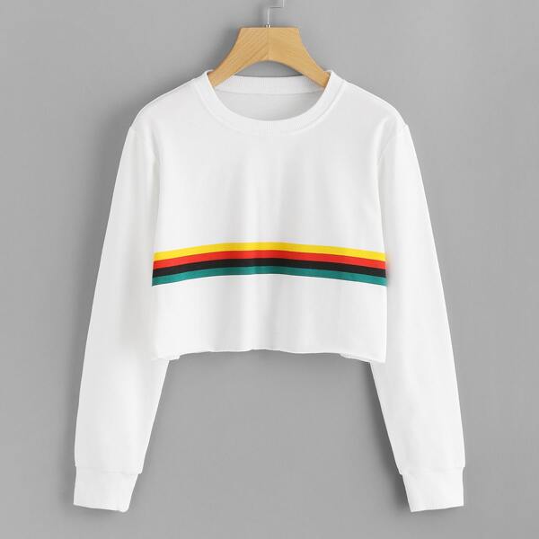 

Contrast Striped Raw Hem Crop Sweatshirt