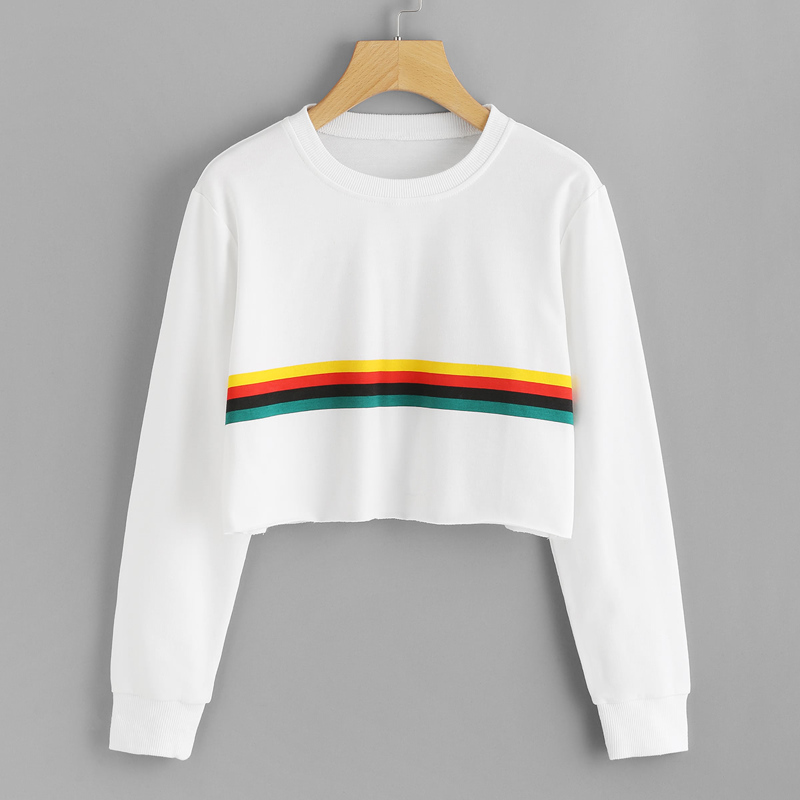 

Contrast Striped Raw Hem Crop Sweatshirt, White