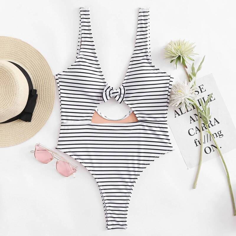 

Bow Tie Striped Swimsuit, Black and white