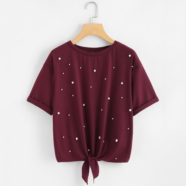 

Pearl Embellished Knot Front Tee
