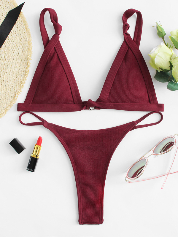 Ribbed Thong Set Knot Strap Bikini With Top TKc5JulF13