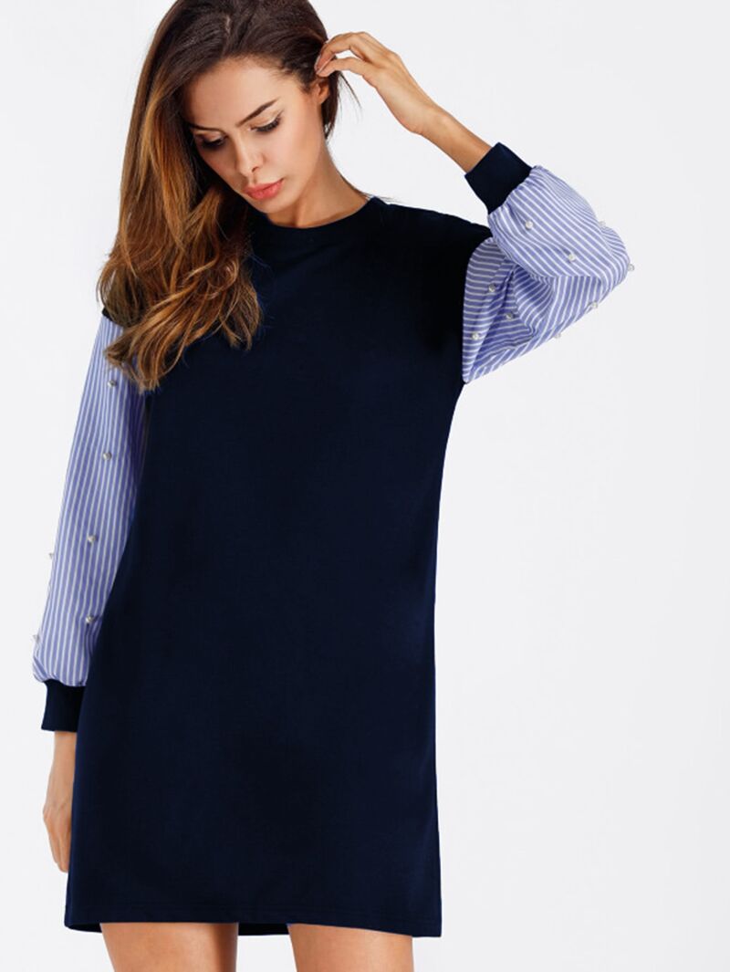 

Contrast Striped Sleeve Pearl Beaded Sweatshirt Dress, Navy, Andy