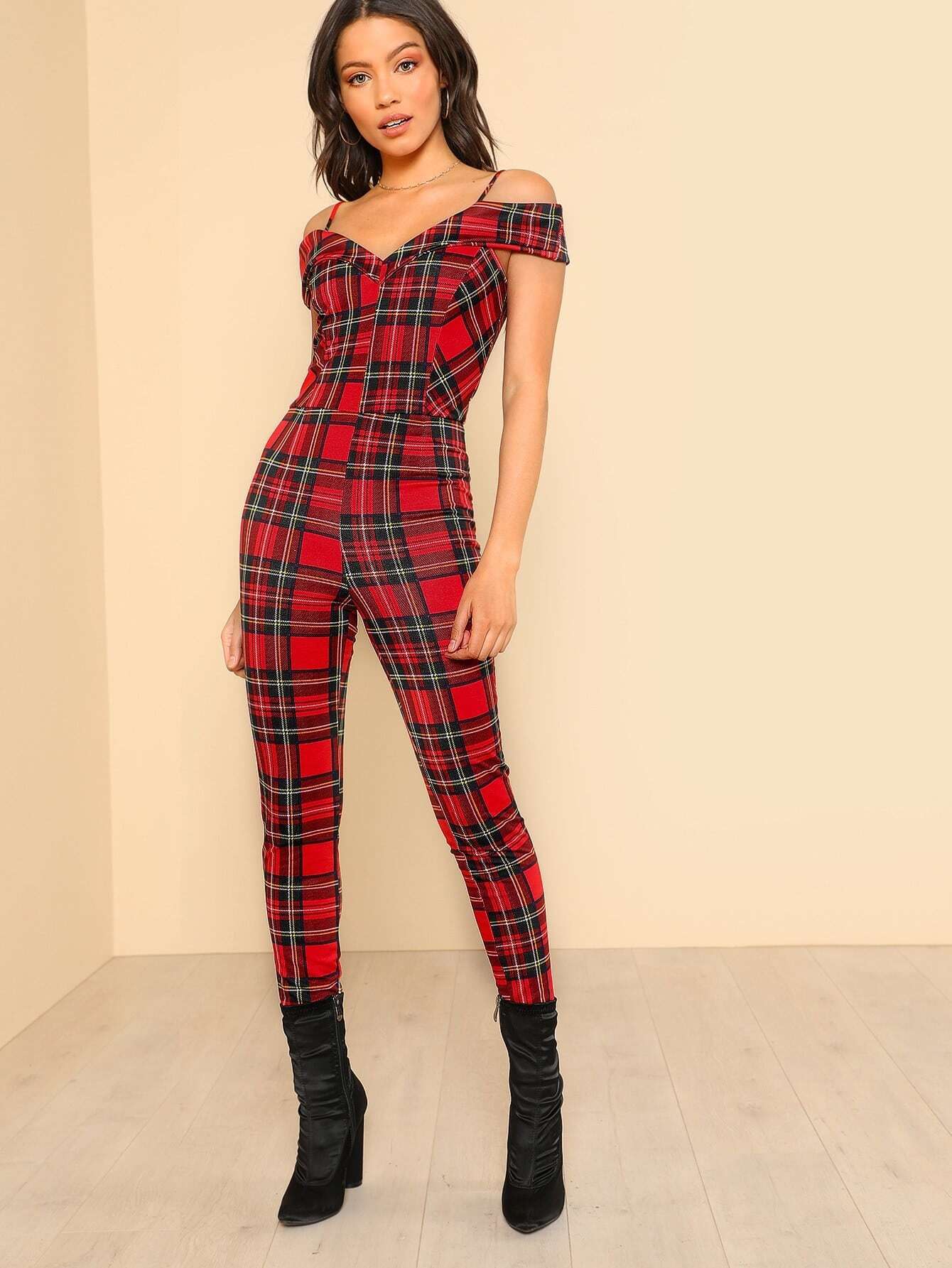 Plaid Print Off SHoulder Jumpsuit RED 