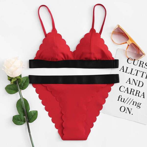 

Scalloped Trim Bikini Set, Red