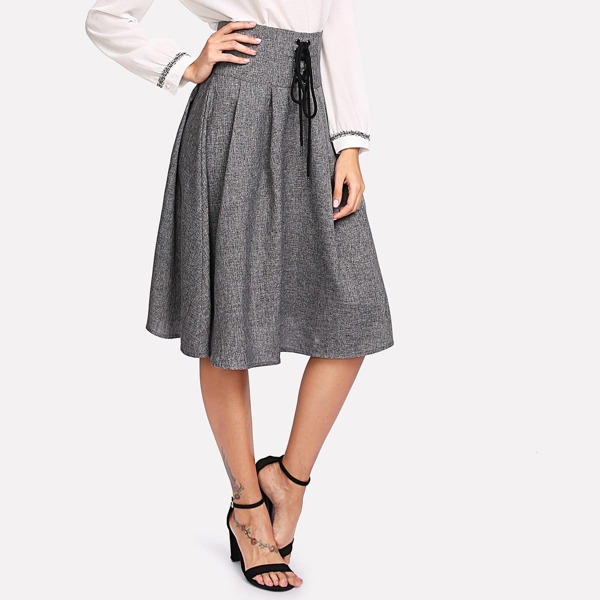 

Grommet Lace Up Waist Boxed Pleated Skirt, Grey
