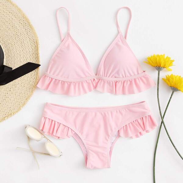 

Ruffle Hem Thin Strap Top With Seam Bikini Set, Baby pink