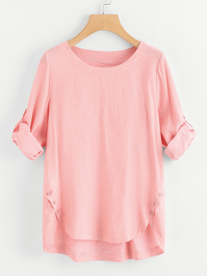 Roll Up Sleeve Asymmetrical Hem Tee