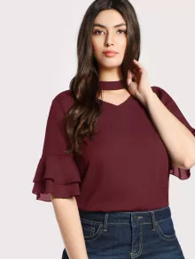SHEIN Plus Choker Neck Layered Sleeve Top - Burgundy - View 1