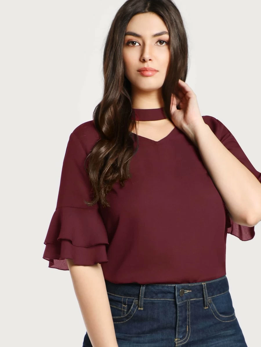 SHEIN Plus Choker Neck Layered Sleeve Top - Burgundy - View 1