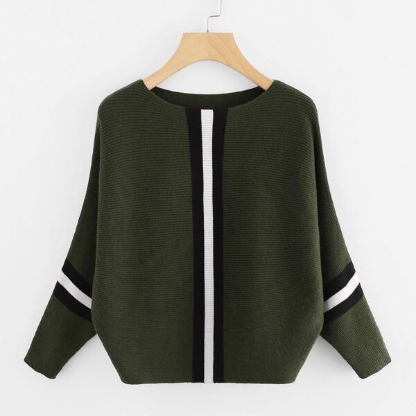 

Contrast Striped Panel Batwing Sleeve Sweater, Army green