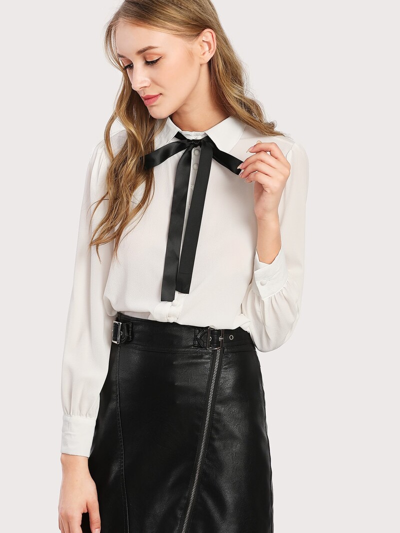

Bow Tie Neck Shirt, White