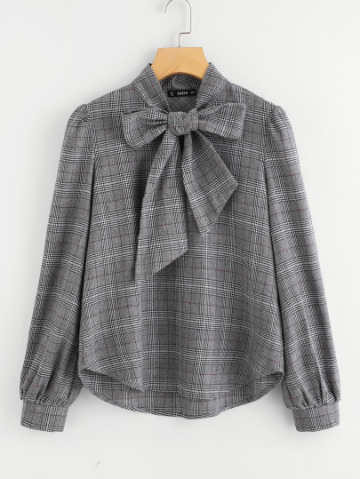 Bow Tie Neck Plaid Blouse pictures