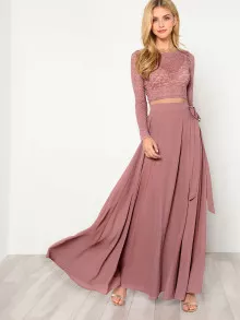 SHEIN Crop Lace Top & Knot Skirt Co-ord - Dusty Pink - View 1