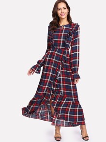 Ruffle Trim Plaid Asymmetrical Dress