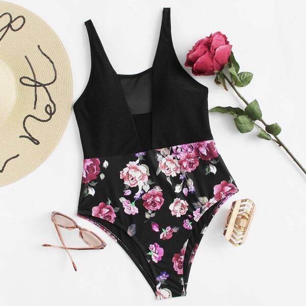 

Flower Print Plunge Swimsuit, Multicolor