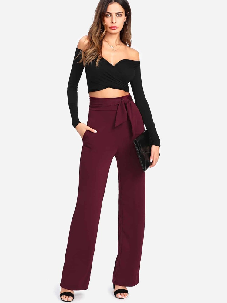 Self Tie Wide Leg Pants - Burgundy - View 5