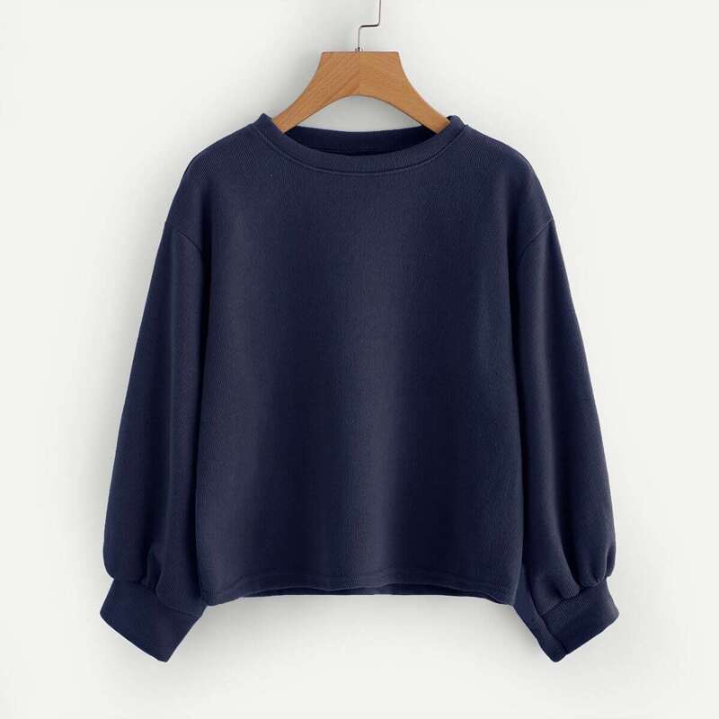 

Drop Shoulder Lantern Sleeve Ribbed Sweatshirt, Navy