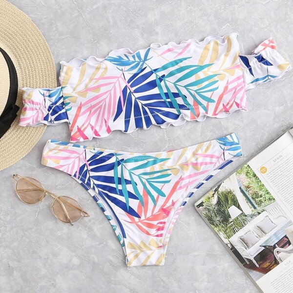 

Leaf Print Ruffle Hem Bikini Set, Multicolor