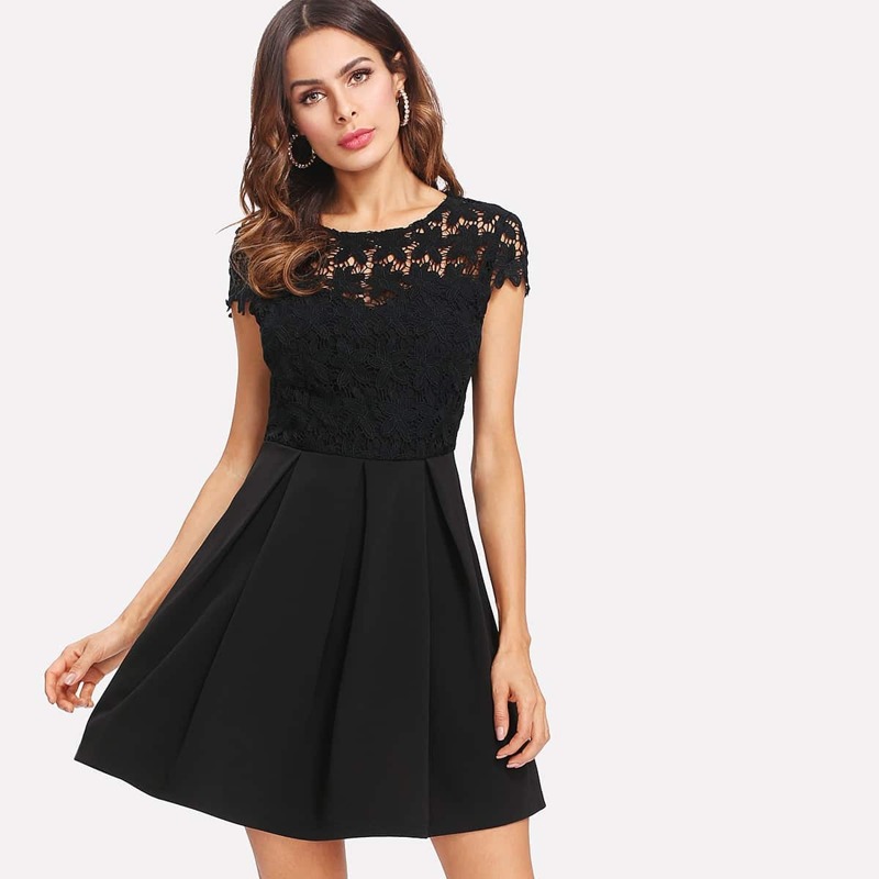 

Lace Top Ribbon Tie Open Back Flared Dress, Black