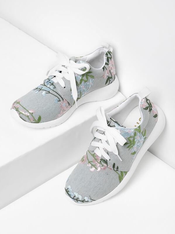 

Flower Embroidery Lace Up Denim Sneakers, Blue