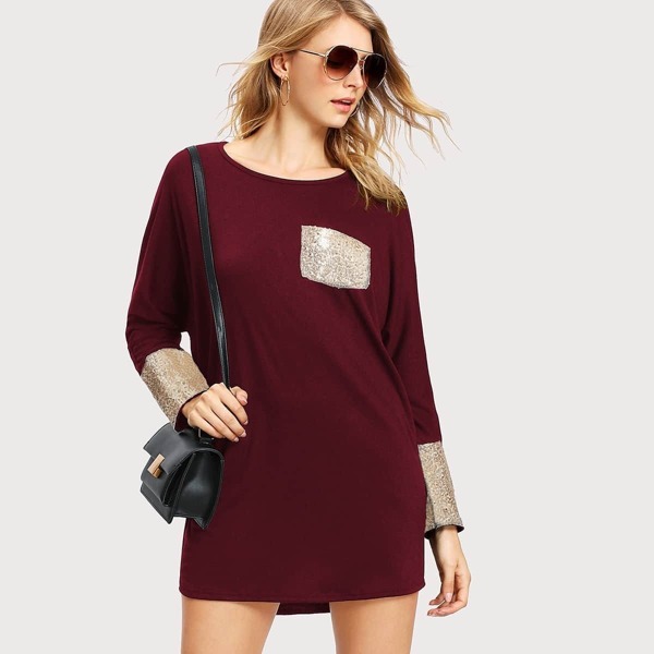 

Contrast Sequin Tee Dress, Burgundy