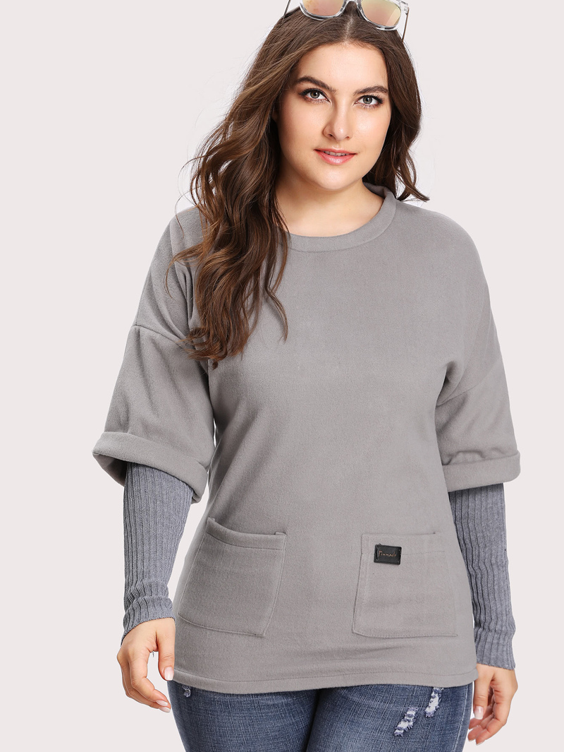

Plus Drop Shoulder Contrast Sleeve 2 In 1 Tee, Grey, Franziska