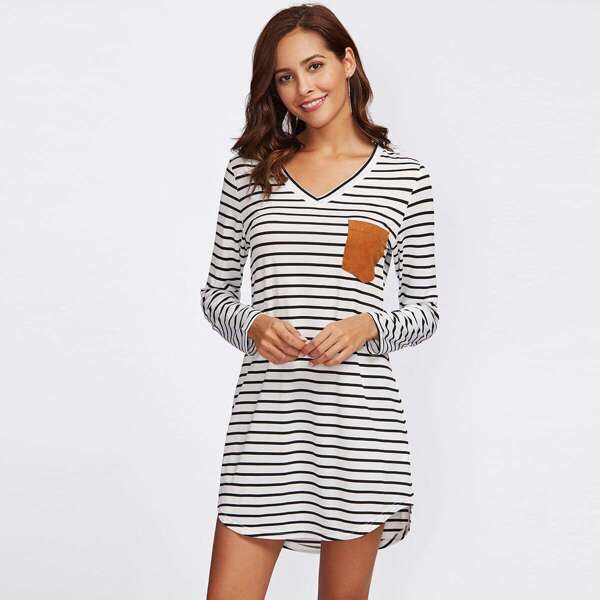 

Suede Pocket Curved Hem Striped Tee Dress