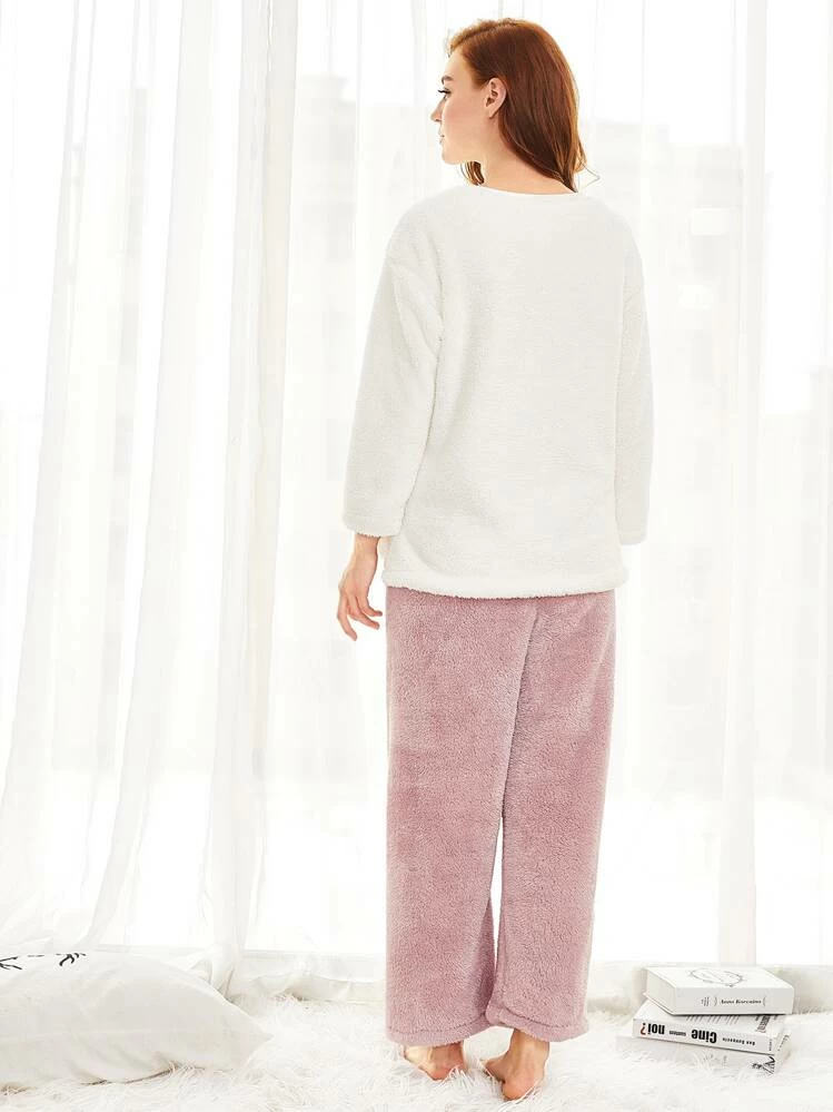 Set pigiama Pullover in pile cigli ricamato & Pantaloni - Multicolore - Visualizzare 4