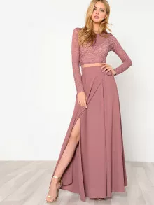 SHEIN Crop Lace Top & Knot Skirt Co-ord - Dusty Pink - View 5