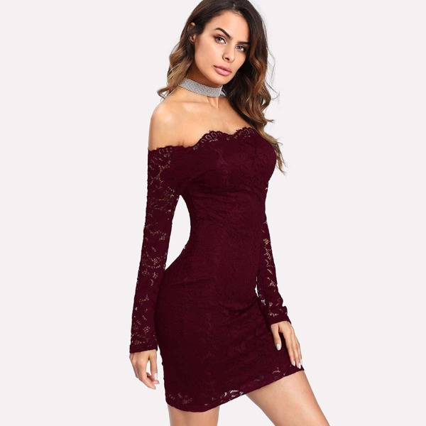 

Floral Lace Overlay Off Shoulder Bodycon Dress, Burgundy