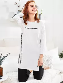 Slogan Graphic Slit Side Long Pajama Set - Black and White - View 4