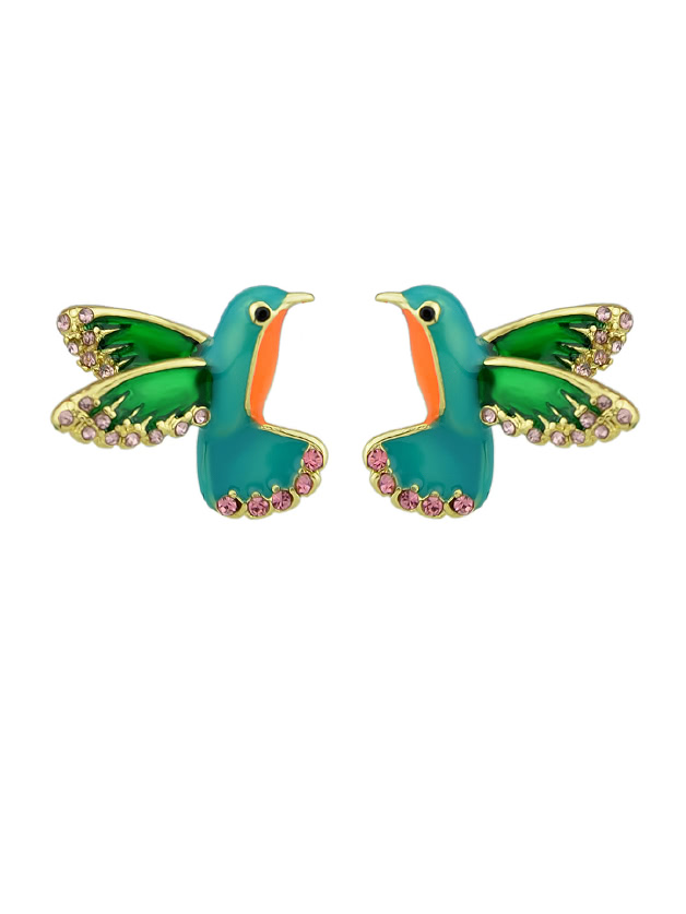 

Enamel With Rhinestone Bird Stud Cute Earring, Green