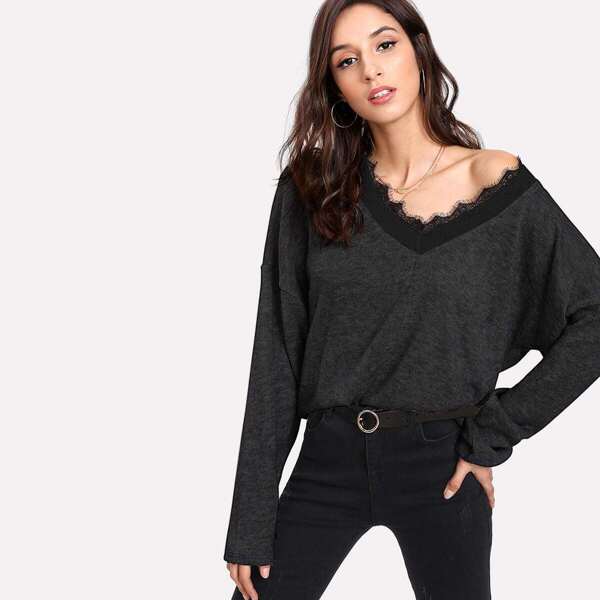 

Contrast Eyelash Lace Drop Shoulder Sweater, Black