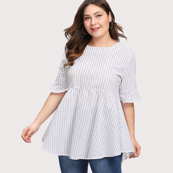 

Plus Pinstriped Tie Back Babydoll Blouse