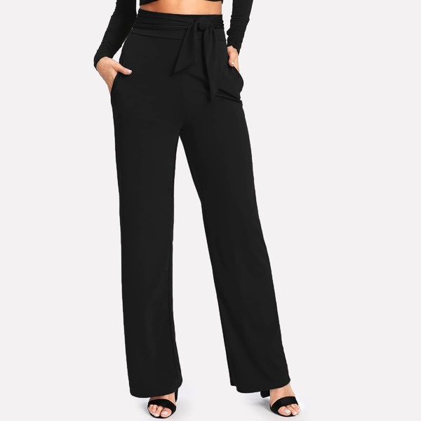 

Self Tie Wide Leg Pants, Black