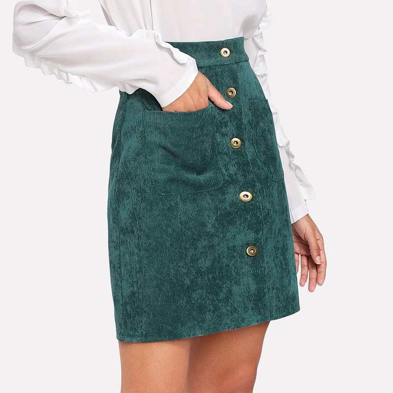 

Single Breasted Dual Pocket Corduroy Skirt, Green