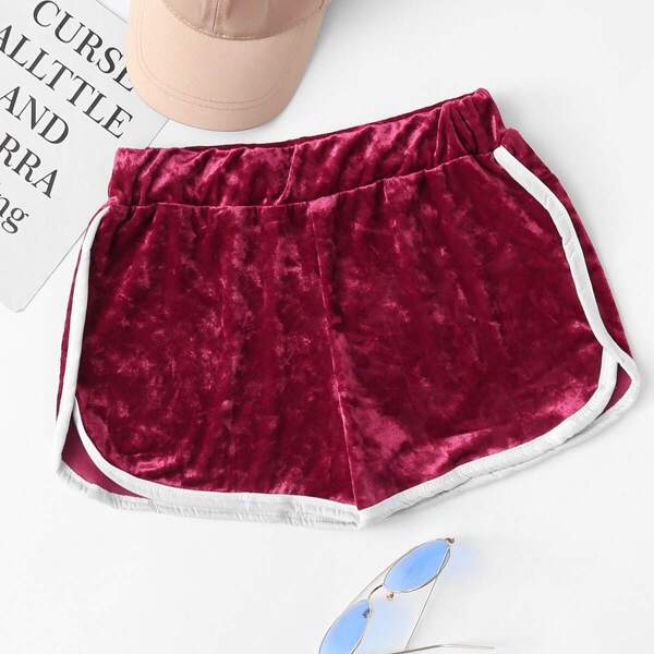 

Velvet Contrast Trim Elastic Waist Shorts