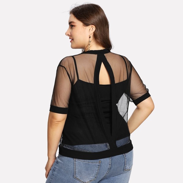 

Plus Keyhole Back Mesh Tee With Cami Top, Black