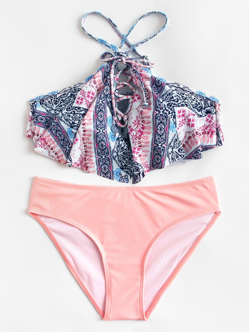 

Mixed Print Lace Up Bikini Set, Multicolor