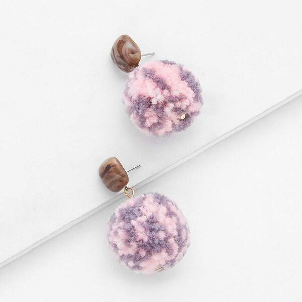 

Stone Top Pom Pom Decorated Drop Earrings 1pair, Colorful