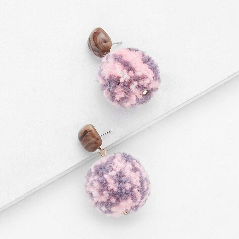 

Stone Top Pom Pom Decorated Drop Earrings 1pair, Colorful