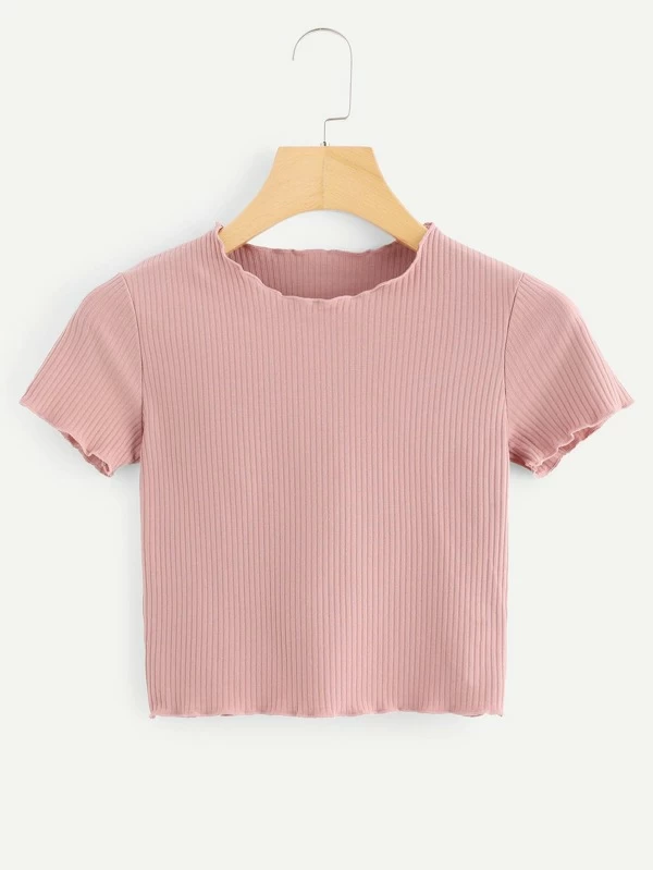 Romwe Women/'s Ribbed Short Sleeve Button Up Lettuce Trim Polo Collar Crop Tops Shirt Tee