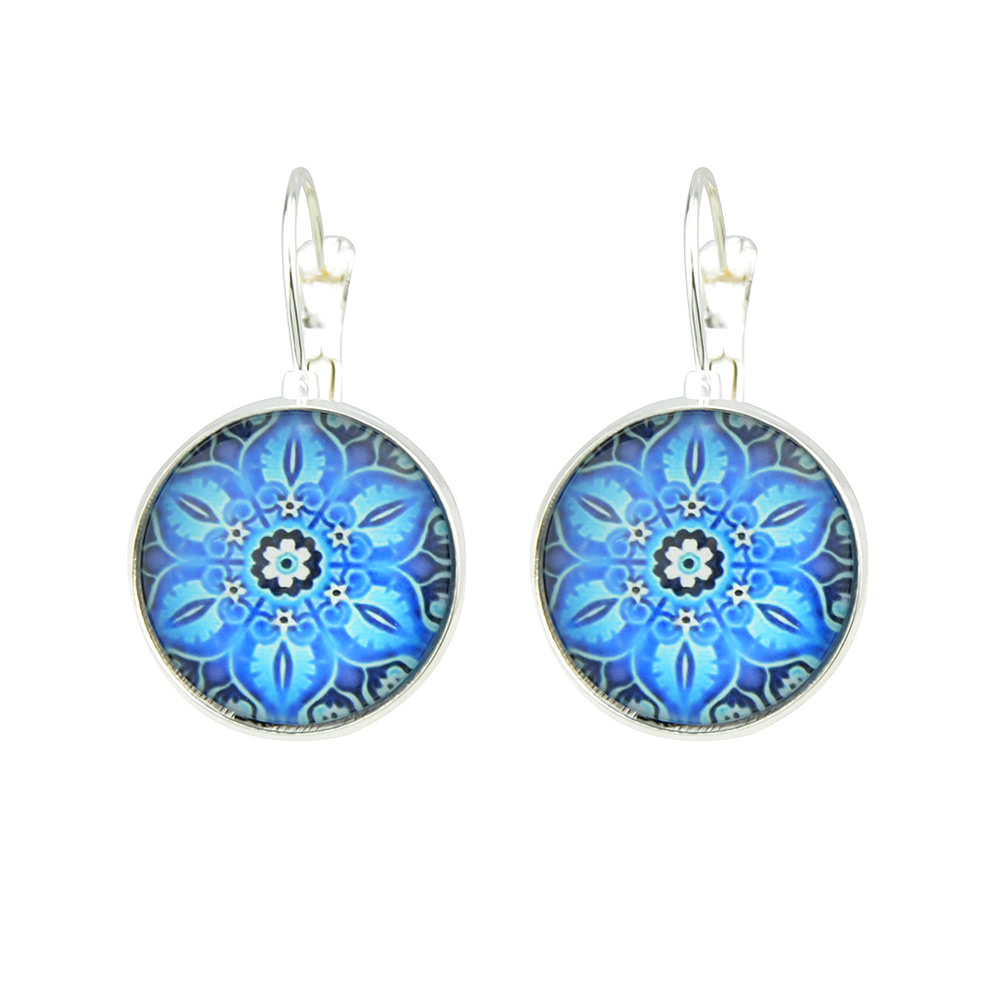 

Blue Flower Pattern Hoop Earrings