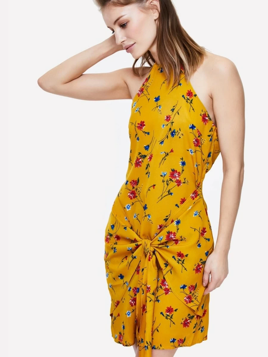 Halter Neck Knot Front Floral Dress - Yellow - View 1