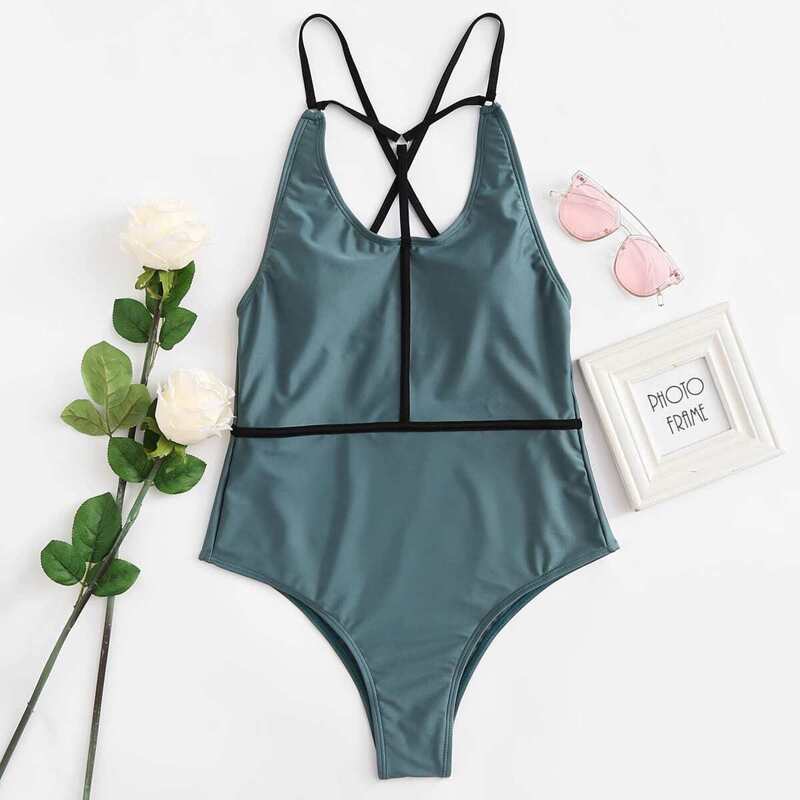 

Two Tone Criss Cross One Piece Swimsuit, Green