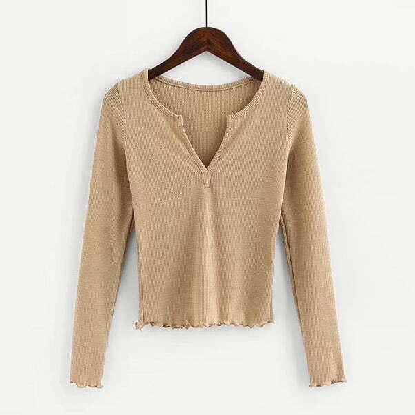 

V Cut Lettuce Hem Crop Top, Khaki